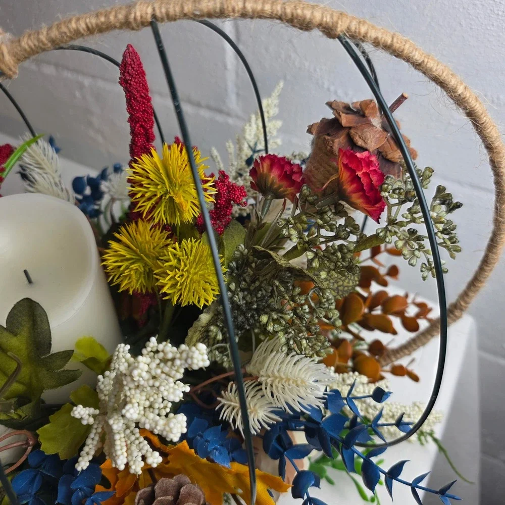 Rustic Fall Wire 3D Pumpkin Centerpiece Faux Florals Flameless Candle